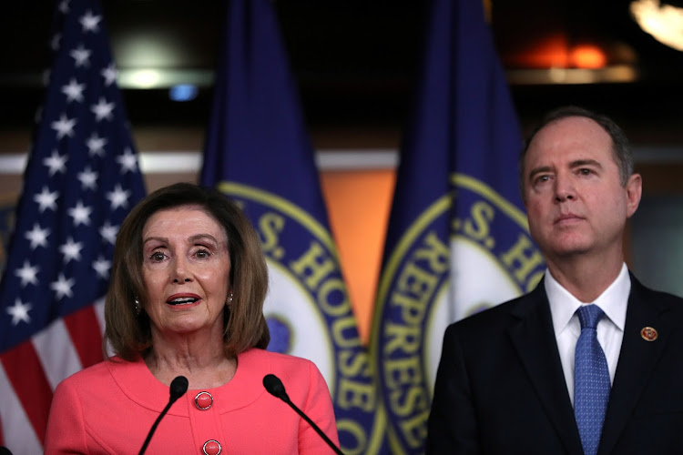U.S. House Speaker Nancy Pelosi announces the House of Representatives managers for the Senate impeachment trial of U.S. President Donald Trump during a news conference at the U.S. Capitol in Washington, U.S., January 15 2020. At right is Representative Adam Schiff.
