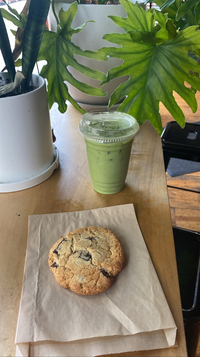 iced matcha latte with almond milk and gf chocolate chip cookie