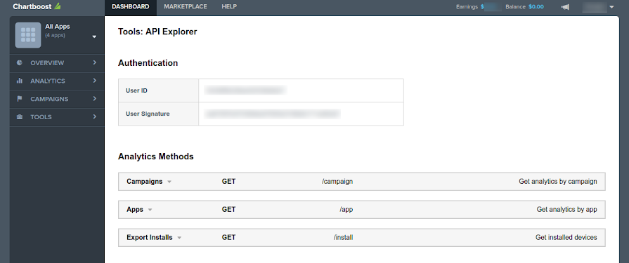 Esimerkki Chartboostin API Explorer ‐sivusta