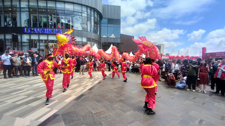 UoN Confucius Institute students performing the lion dance during the 2024 Nairobi Chinese New Year Gala at Two Rivers Mall on February 10, 2024.