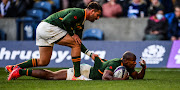 Makazole Mapimpi celebrates with Willie le Roux after scoring one of his two tries. 