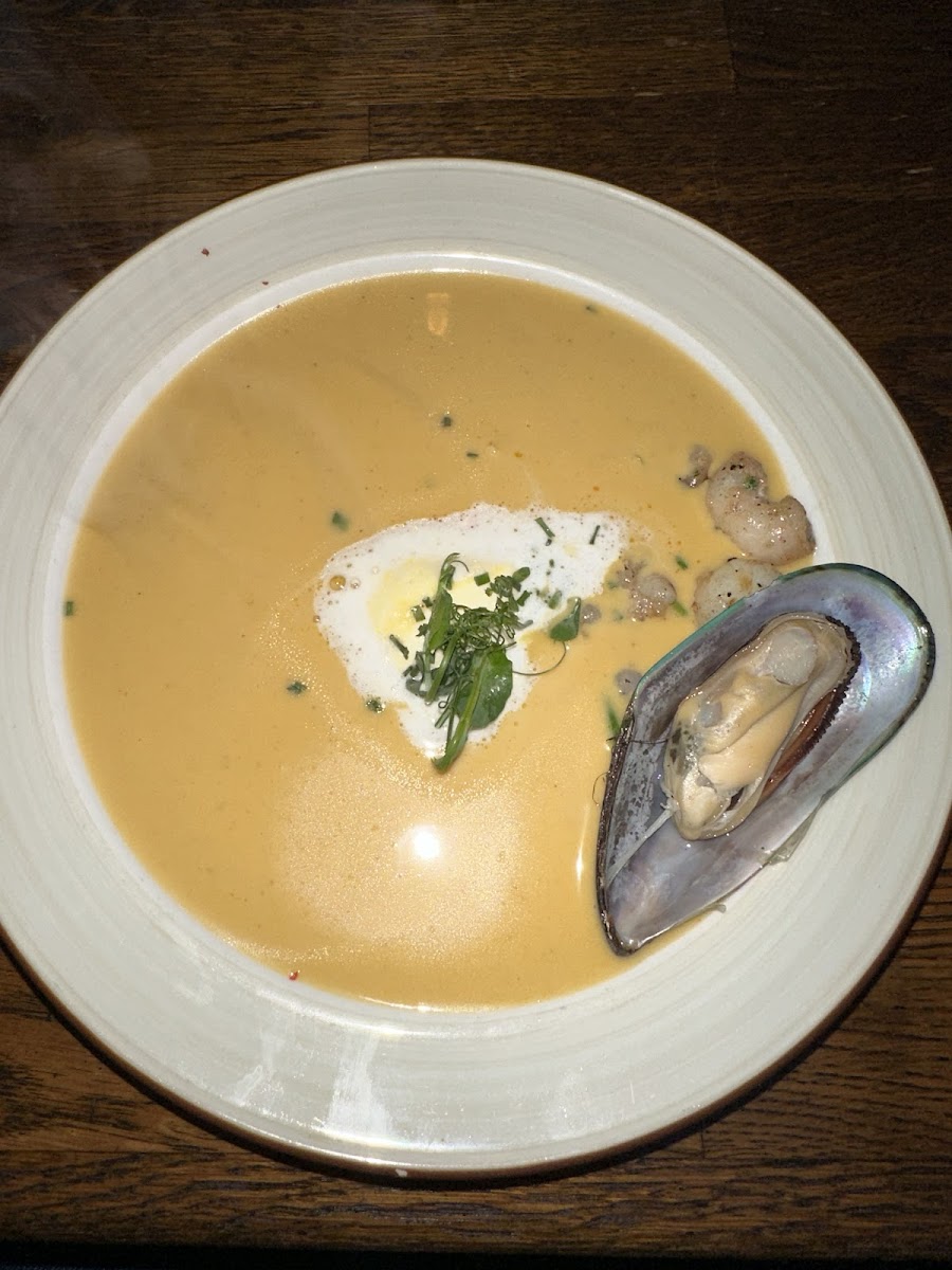 Shellfish soup with langoustine, mussels, scallops, fennel and whipped cream.