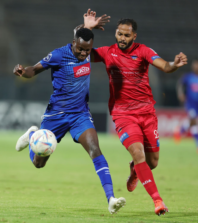 Gamphani Lungu of SuperSport is challenged by Sirgio Kammies of Chippa United during their DStv Premiership match at Lucas Moripe on Saturday.