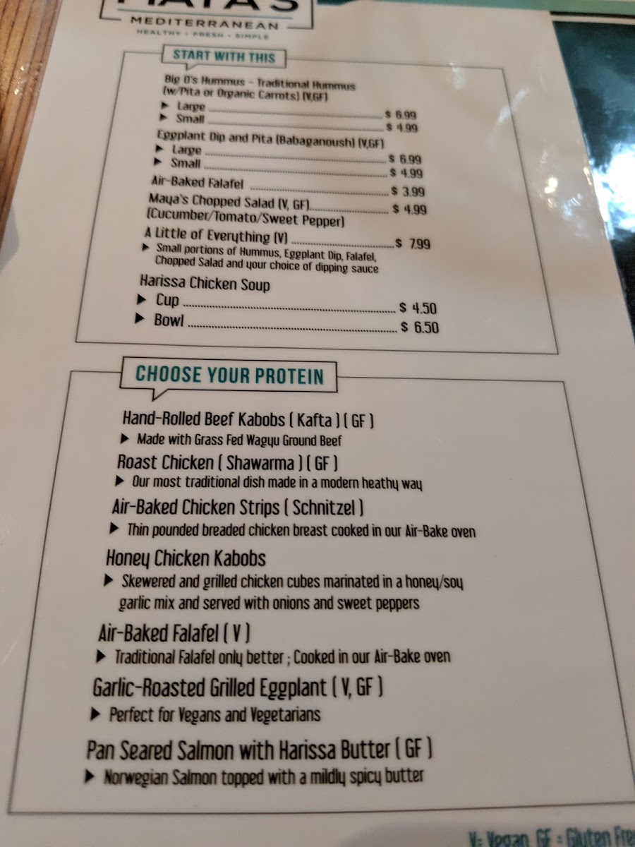 Maya's Modern Mediterranean gluten-free menu