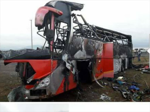 The wreckage of the bus that killed nine people in Emali. /COURTESY