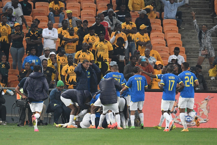 Mamelodi Sundowns players celebrate during their DStv Premiership win against Kaizer Chiefs at FNB Stadium in Johannesburg on Thursday night.