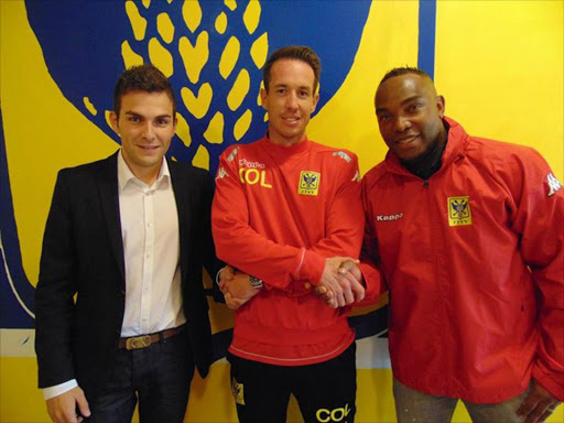 Former Bafana Bafana striker Benni McCarthy (R), who is in the process of completing his UEFA A licence, was unveiled alongside Belgian topflight side STVV new head coach Chris O’Loughlin on Tuesday 8 September 2015.