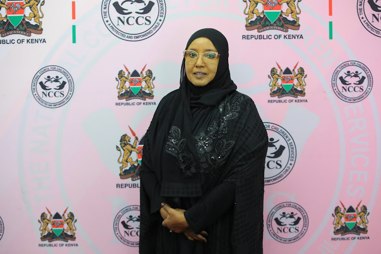 National Council for Children's Services Chairperson Sophia Abdinoor while addressing the media at NSSF building in Nairobi on Tuesday.