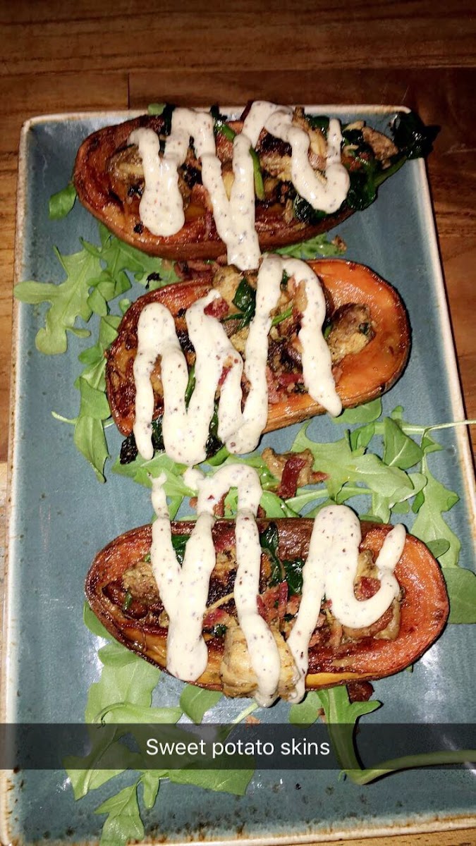 Chipotle Sweet Potato Skins- Chipotle shredded rotisserie chicken, organic spinach, bacon and tangy sumac aioli. I was not expecting them to be as fantastic as they were. I wanted another plate.