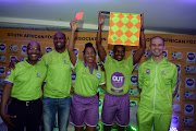 Former top SA referee Enoch Molefe ,Victor Hlongwane,Safa Female referee Akhona Makalima ,Zakhele Siwela and Victor Gomes during the Outsurance sponsorship to SAFA referees Announcement at SAFA House on September 11, 2018 in Johannnesburg, South Africa. 