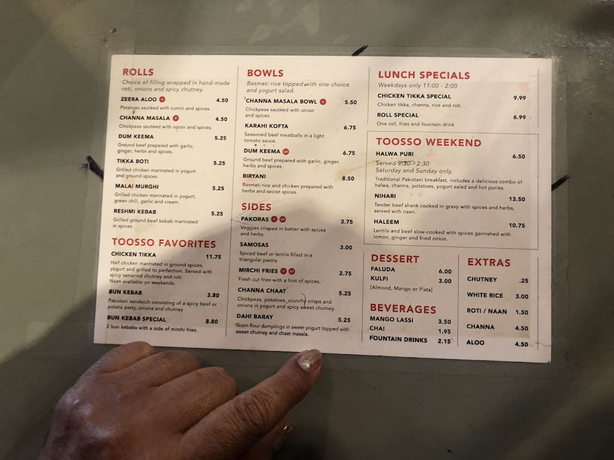 Toosso gluten-free menu