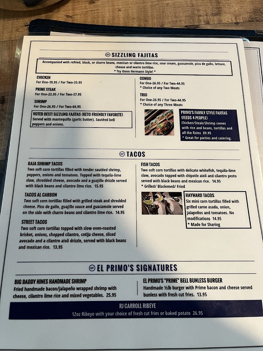 El Primo's Mexican Grill & Cantina gluten-free menu