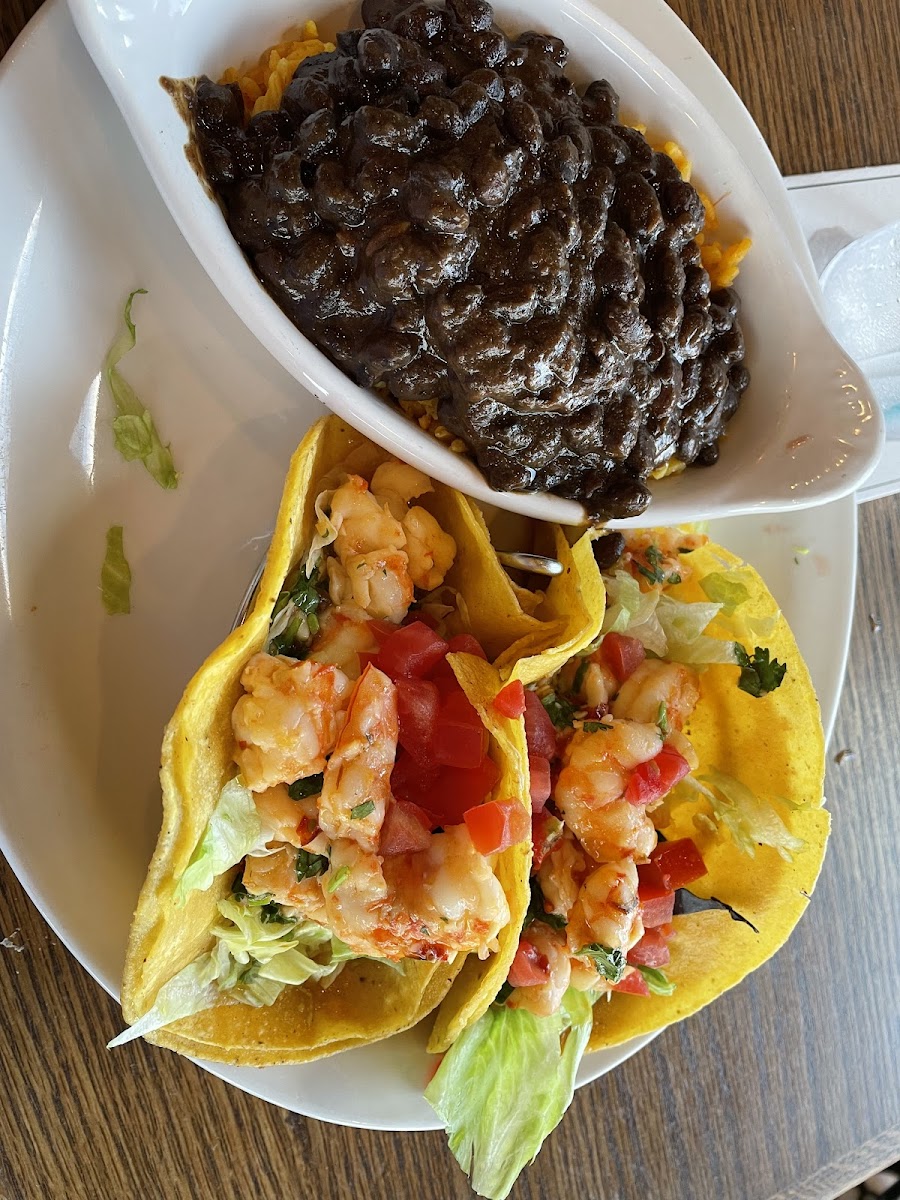 Shrimp tacos with rice and beans