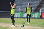 Beyers Swanepoel celebrates after cementing the Warriors' two-run win against the Lions at the Wanderers on Wednesday night. 