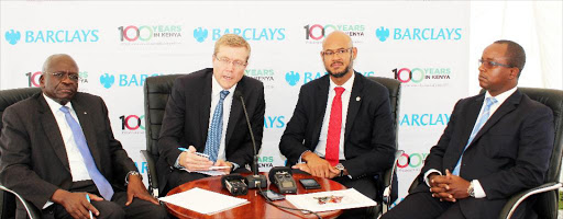 Barclays Kenya chairman Francis Okomo-Okello, Barclays Africa Group deputy MD David Hodnett Barclays Kenya MD Jeremy Awori and chief finance officer Yusuf Omari after the company’s AGM on Friday.