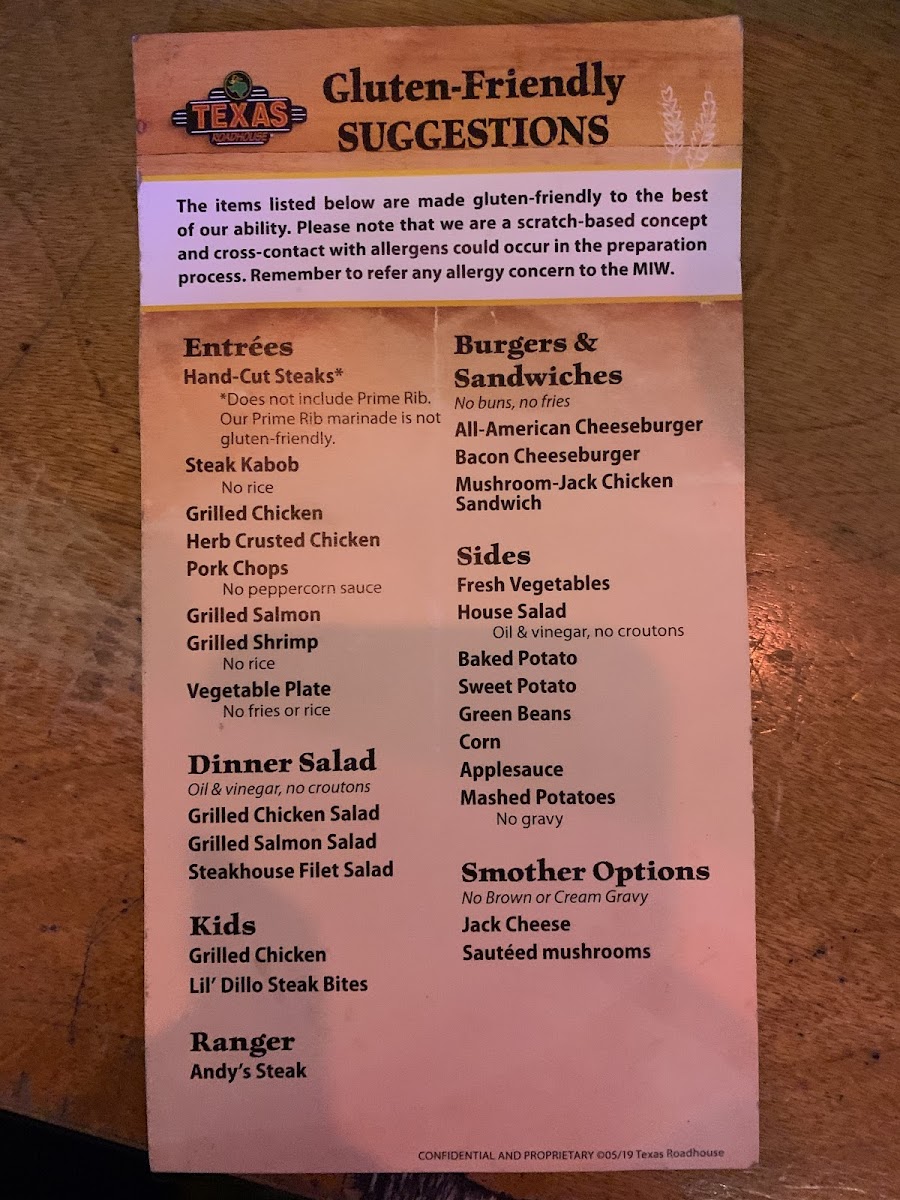 Texas Roadhouse gluten-free menu