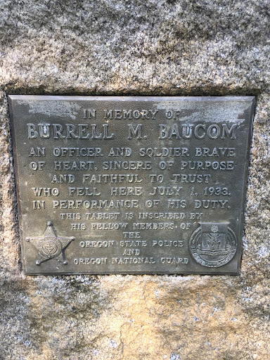 IN MEMORY OF BURRELL M. BAUCOM AN OFFICER AND SOLDIER. BRAVE OF HEART, SINCERE OF PURPOSE AND FAITHFUL TO TRUST WHO FELL HERE JULY 1, 1933, IN PERFORMANCE OF HIS DUTY. THIS TABLET IS INSCRIBED BY...