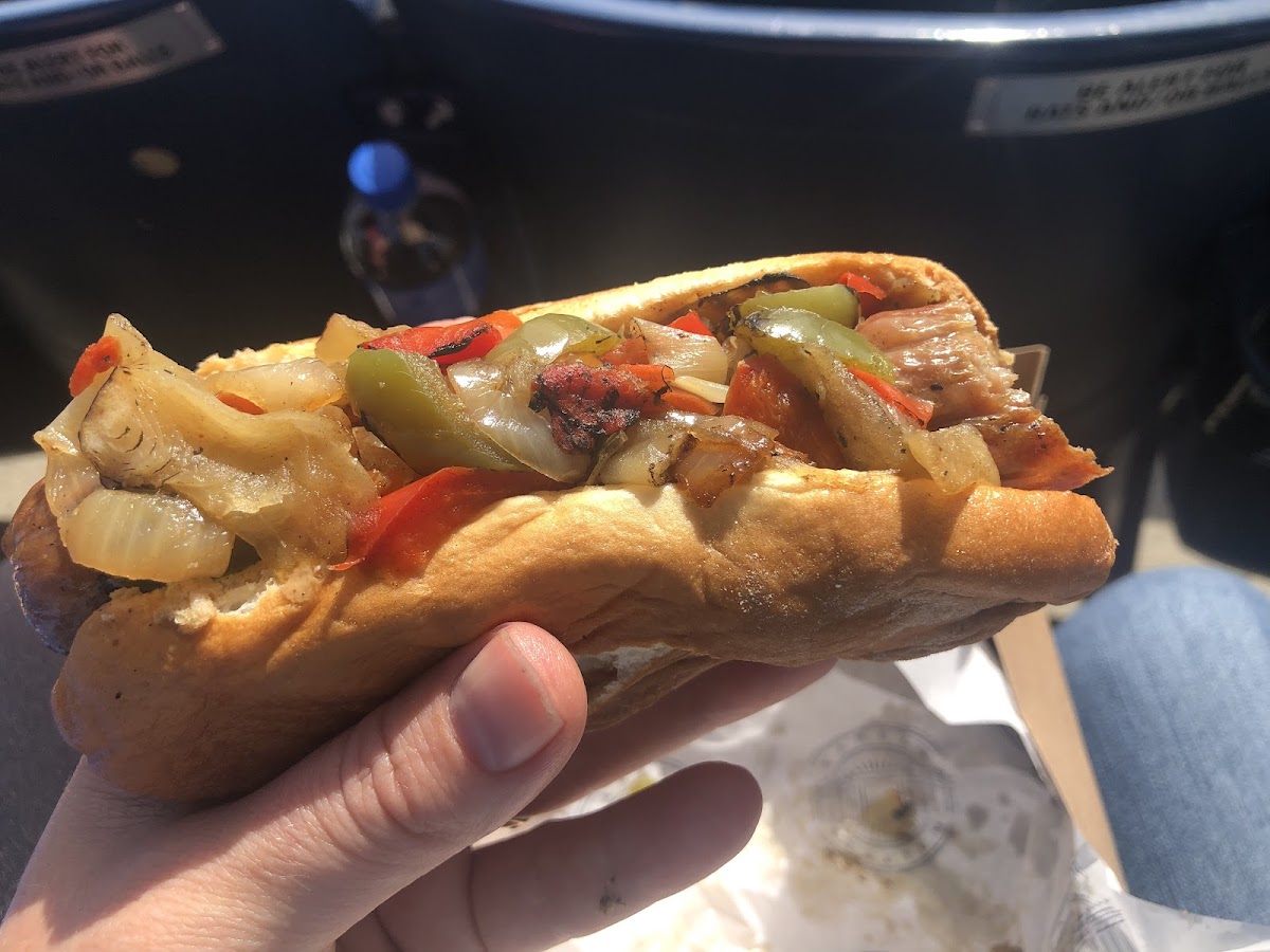 Sausage with peppers and onions on GF roll