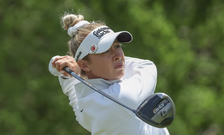 Nelly Korda (US) drives off the eighth tee during the final round of The Chevron Championship at The Woodlands, Texas on April 21, 2024