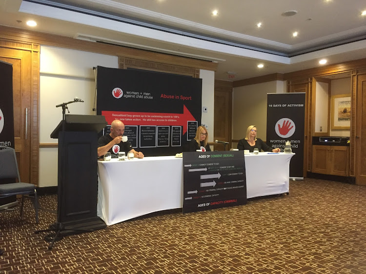 Sexual abuse survivor Debbie Wade, right, addresses a press conference in Johannesburg on Tuesday afternoon with Women and Men against Child Abuse officials Miranda Jordan and Luke Lamprecht.