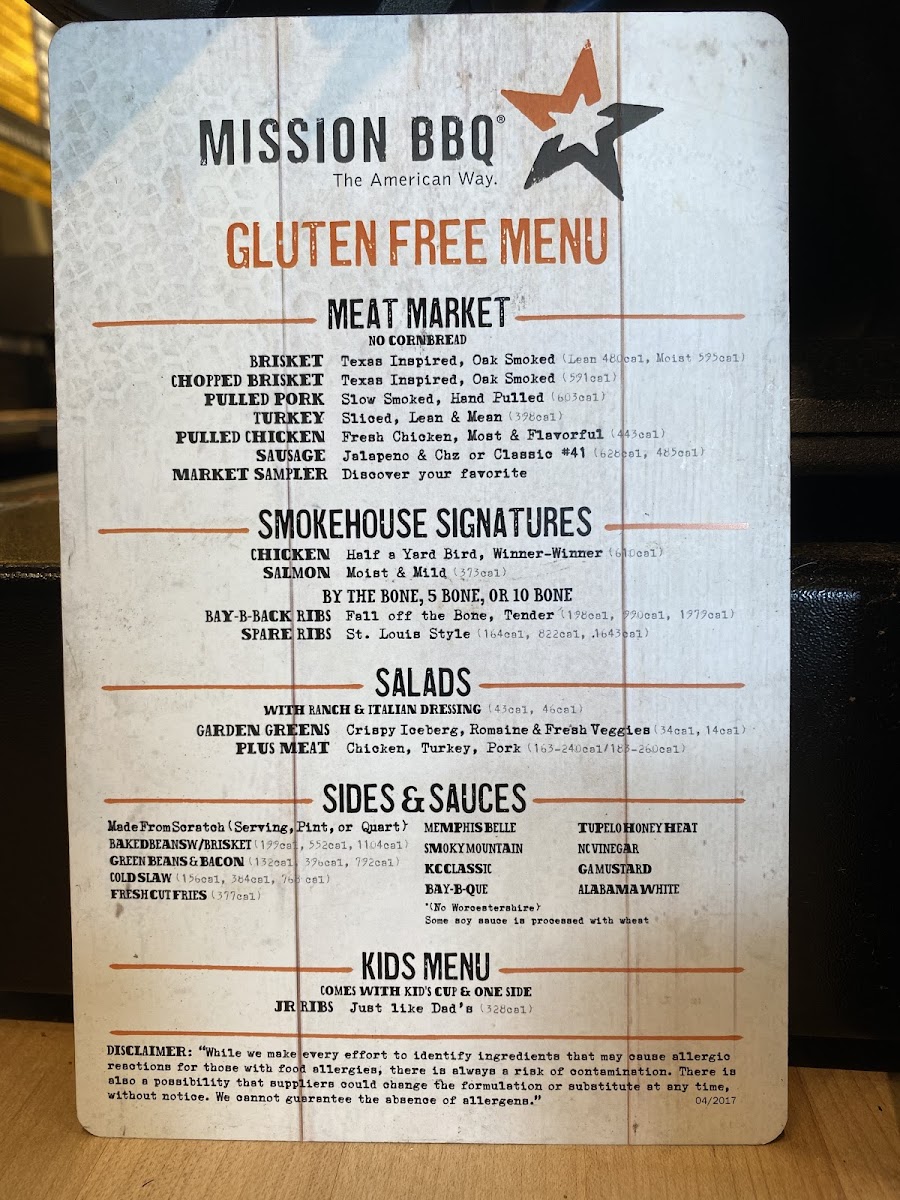 Mission BBQ gluten-free menu