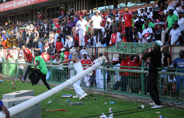 Orlando Pirates fans react in anger during Absa Premiership match against Mamelodi Sundowns at Loftus Stadium in Pretoria on 11 February 2017.