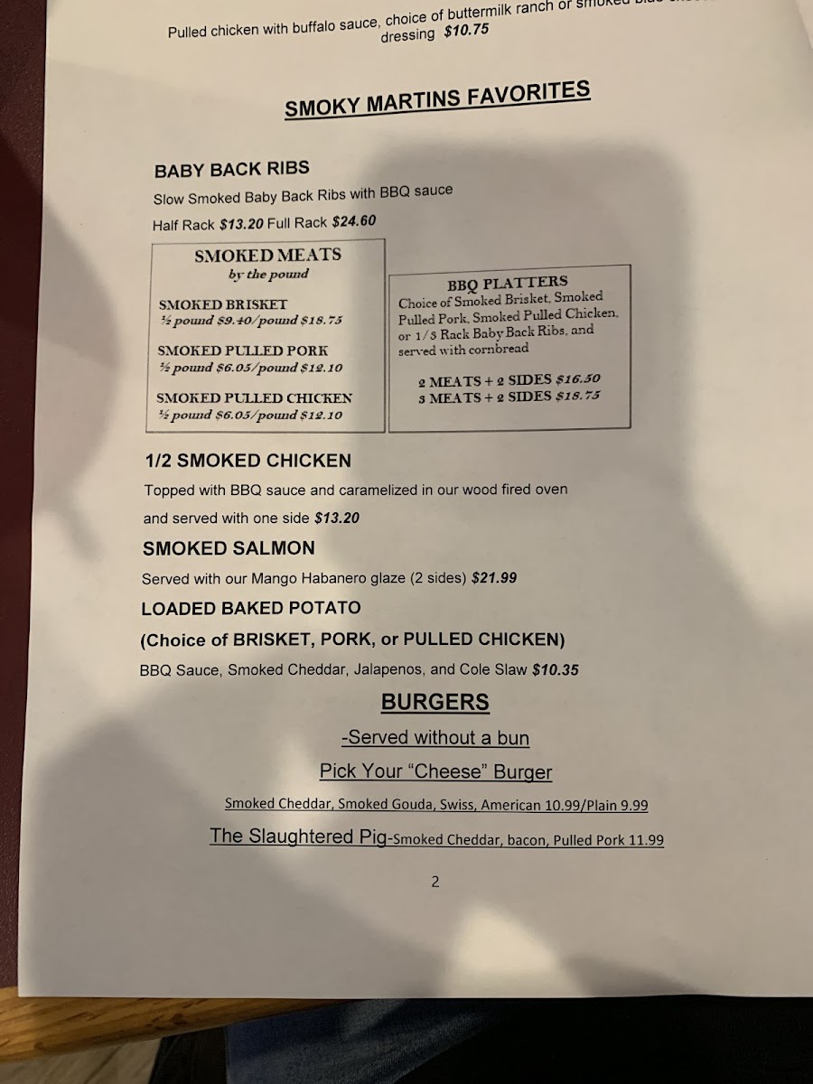 Smoky Martin's BBQ gluten-free menu