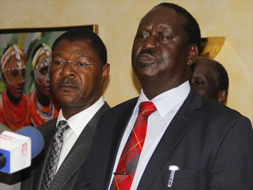 Raila Odinga with other Cord leaders during a press conference dubbed ‘the State of the Nation’ at the Serena Hotel, Nairobi,yesterday. He claimed the proceeds of corruption are financing electoral rigging.Photo/Monicah Mwangi