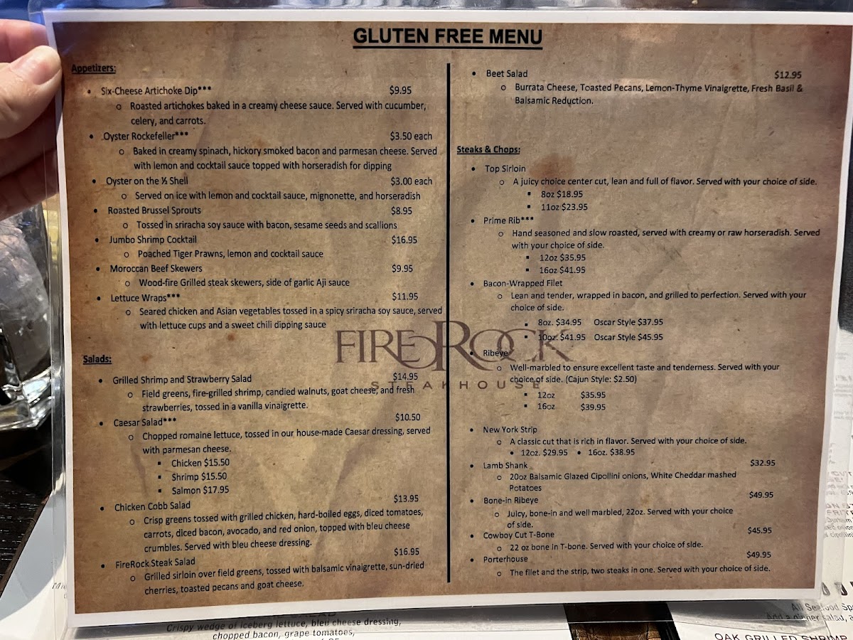 FireRock Steakhouse gluten-free menu