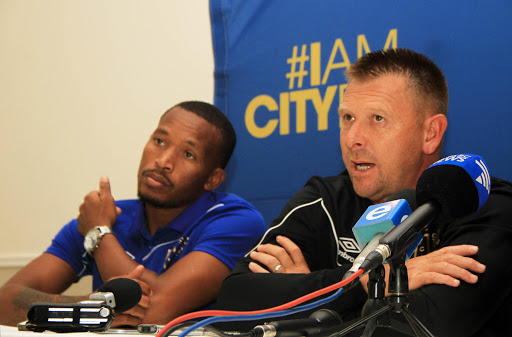 Eric Tinkler (head coach) and Lehlohonolo Majoro during the Cape Town City FC press conference at Hellenic Greek Club on March 01, 2017 in Cape Town, South Africa.