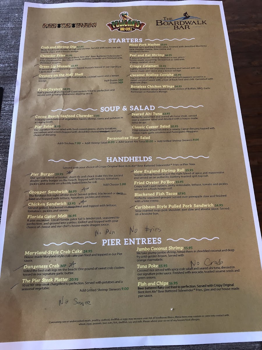 Gluten free menu at Pelican's at Cocoa Beach, FL. Checks denote gluten free. Asterisks denote no sauce. For the sandwiches, by “gluten free” they mean without the bun.