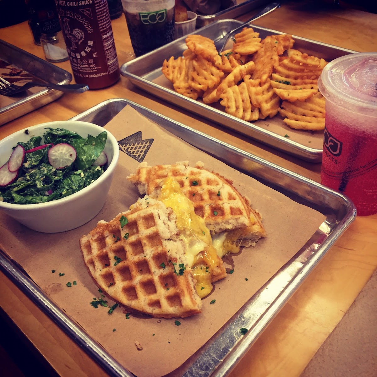 Gluten free grilled cheese and spinach salad