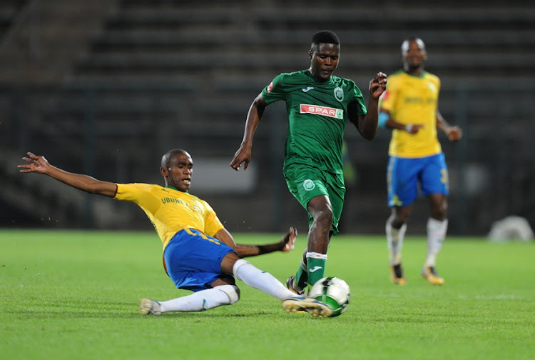 Anele Ngcongca of Mamelodi Sundowns in action with Jabulani Ncobeni of Amazulu during the Absa Premiership match between Mamelodi Sundowns and AmaZulu FC at Lucas Masterpieces Moripe Stadium.