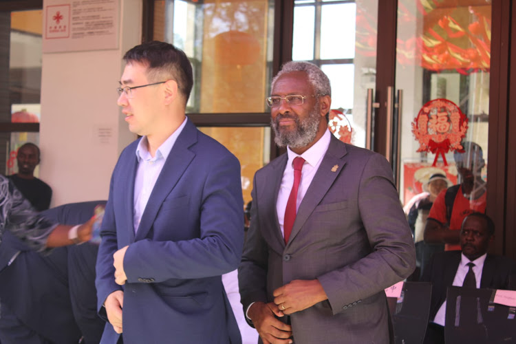 Chinese Minister Counsellor Zhang Zhizhong and UON Vice Chancellor Prof. Stephen Kiama during 'The Dragon is soaring and the drums are rolling for the Chinese New Year' event at CIUON on February 7, 2024