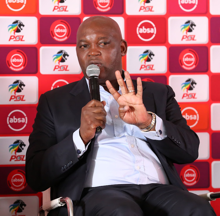 Mamelodi Sundowns head coach Pitso Mosimane speaks to the media during the Absa Premiership season launch at the PSL offices in Parktown, Johannesburg, on Monday July 29 2019. ,