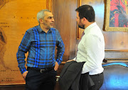 Farook Kadodia (Chairman) chats with Councillor Stuart Diamond (Mayoral Committee Member for Assets and Facilities Management) during the Maritzburg United Media Conference at City Hall on May 14, 2018 in Cape Town, South Africa. 