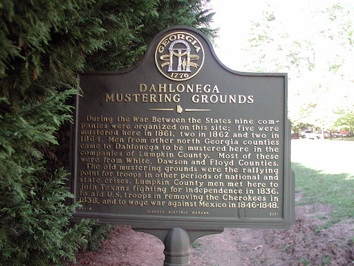 During the War Between the States nine companies were organized on this site: five were mustered here in 1861, two in 1862 and two in 1864. Men from other North Georgia counties came to Dahlonega...