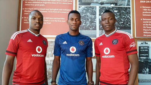 (L-R) New Orlando Pirates arrivals Gift Motupa, Filipe Ovono and Tendai Ndoro.