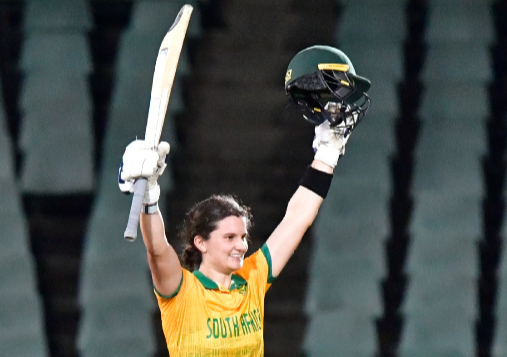 Laura Wolvaardt of South Africa celebrates her 100 runs during the 1st Women's T20I match against Sri Lanka at Willowmoore Park in Benoni on Wednesday.
