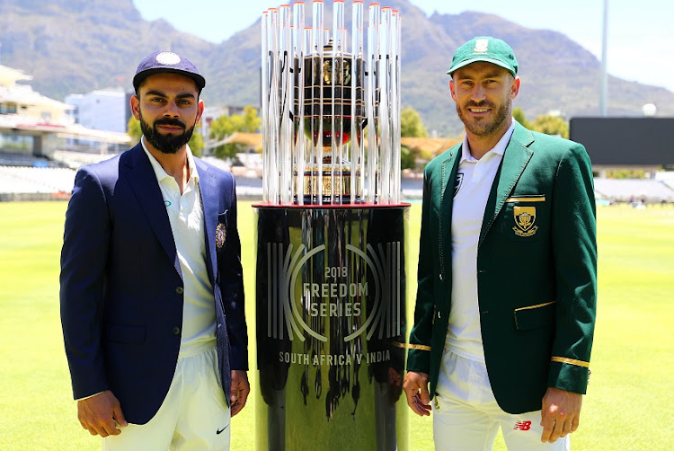 Faf du Plessis, Captain of South Africa (r) and Virat Kohli (captain) of India (l) during the Sunfoil Test Series India Press Conference and Training at Newlands Cricket Ground, Cape Town on 3 January 2018.