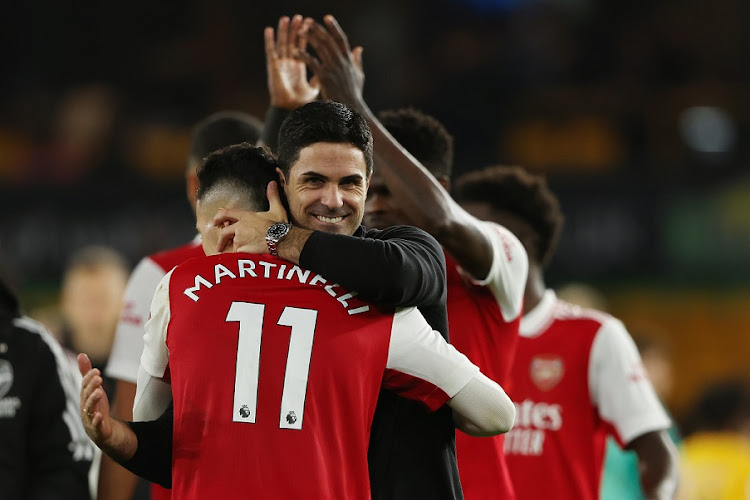 Arsenal manager Mikel Arteta celebrates their 2-0 Premier League victory against Wolverhampton Wanderers at Molineux in Wolverhampton on November 12 2022.