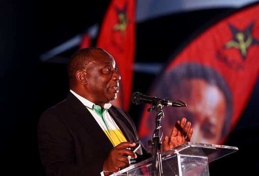 Caption: ANC Deputy President Cyril Ramaphosa delivering a message from the ANC during the 14th Congress of the SACP held at Birchwood Hotel. /a Masi Losi