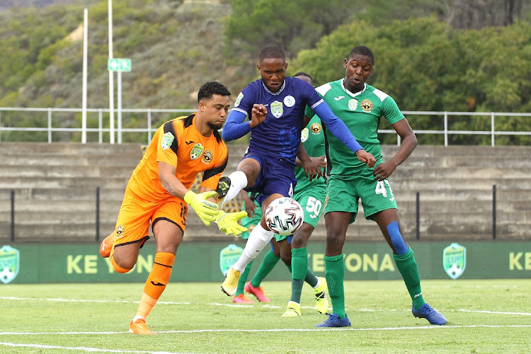Cape Town All Stars goalkeeper Kyle Peters attempts to make the save as Pogiso Mahlangu of Pretoria Callies challenges during the 2021 Nedbank Cup quarterfinal game between Cape Town All Stars and Pretoria Callies at Danie Craven Stadium in Stellenbosch on 14 March 2021.