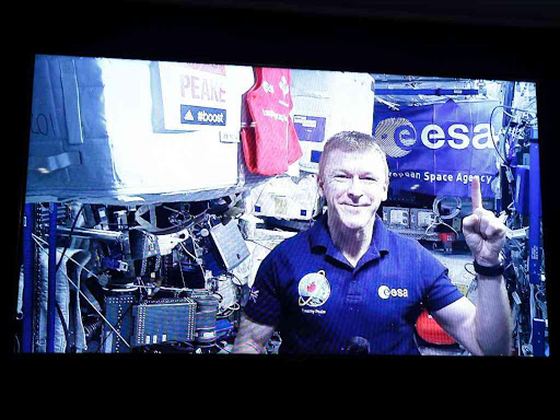 British European Space Agency (ESA) astronaut Tim Peake appears live from the International Space Station for a questions and answers session with assembled media ahead of the 2016 Virgin Money London Marathon Action, April 20, 2016. Photo/REUTERS
