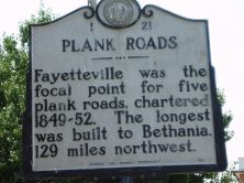 Fayetteville was the focal point for five plank roads, chartered 1849-52. The longest was built to Bethania, 129 miles northwest.Plaque via North Carolina Highway Historical Marker Program, and is...
