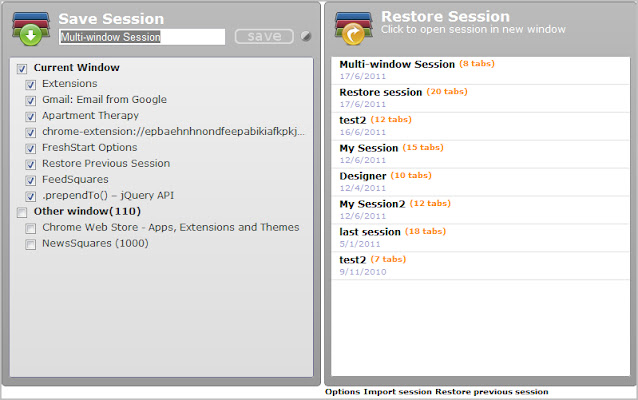 FreshStart - Cross Browser Session Manager Screenshot