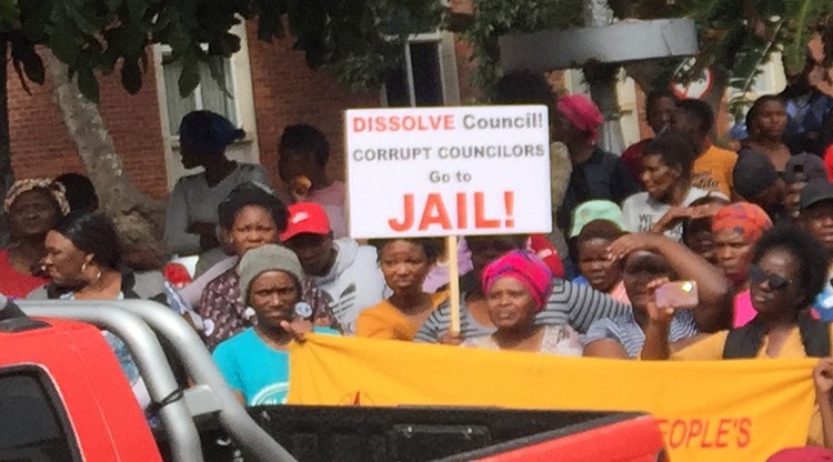 Members of the Unemployed People’s Movement protest outside the high court in Makhanda (formerly Grahamstown).