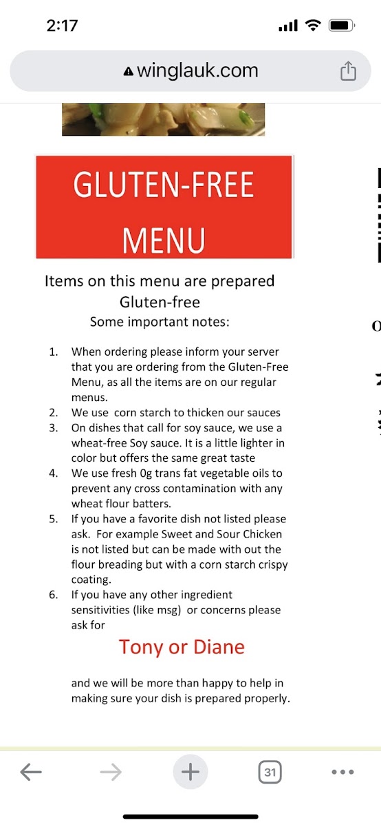 Wing Lauk gluten-free menu