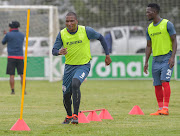 Free State Stars captain Paulus Masehe (L) along with striker Siphelele Mthembu (R) during the club's Nedbank Cup training session and open media day at their Academy in Bethlehem on Tuesday April 17 2018.  
