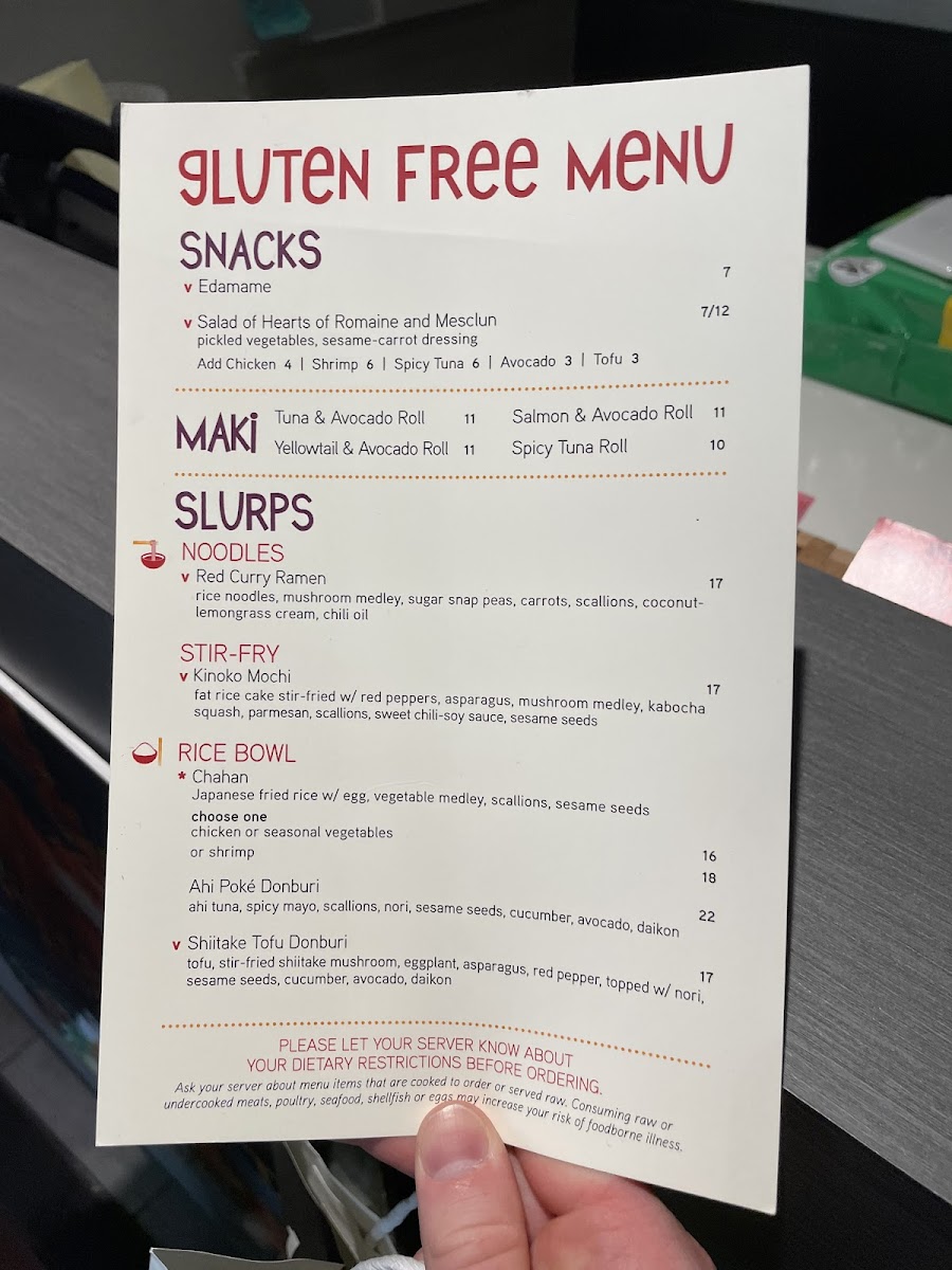 Slurping Turtle gluten-free menu